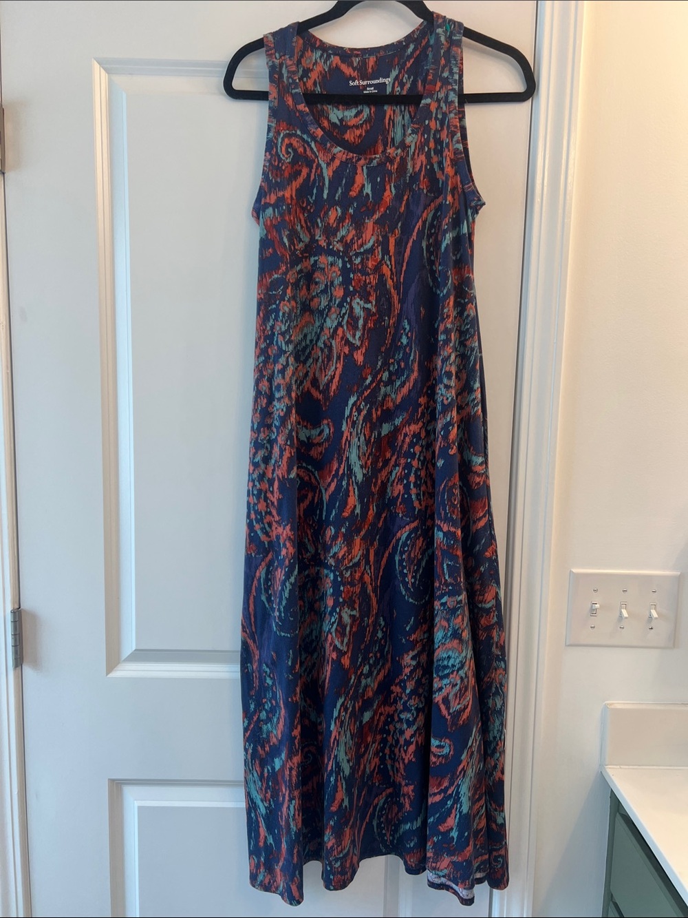 Soft Surroundings Navy Dress with Coral & Teal Brushprint